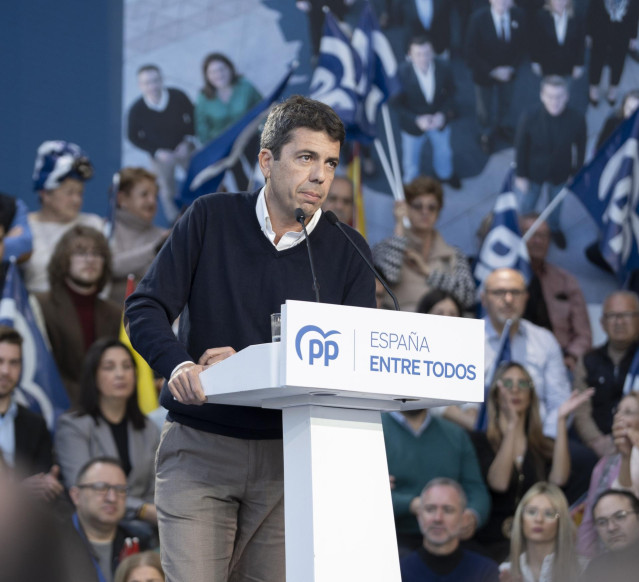 El presidente del PPCV, Carlos Mazón, durante su discurso en la 26 Intermunicipal del PP celebrada en València.