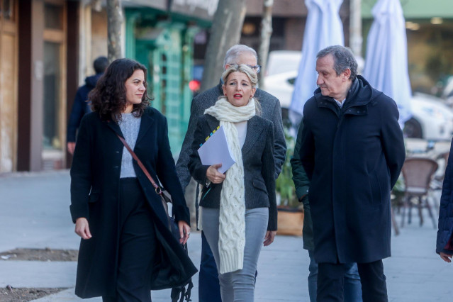 La vicepresidenta segunda y ministra de Trabajo y Economía Social, Yolanda Díaz (c), y el presidente de Gestha, Carlos Cruzado (1d), a su llegada a un encuentro sectorial de Sumar, a 9 de febrero de 2023, en Madrid (España).