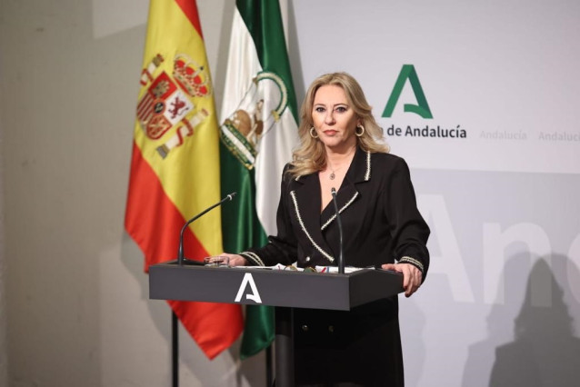 La consejera andaluza de Economía, Hacienda y Fondos Europeos, Carolina España, este martes, en la rueda de prensa posterior a la reunión del Consejo de Gobierno