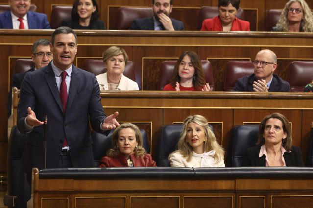 El presidente del Gobierno, Pedro Sánchez, interviene durante una sesión plenaria, en el Congreso de los Diputados, a 15 de febrero de 2023, en Madrid (España).