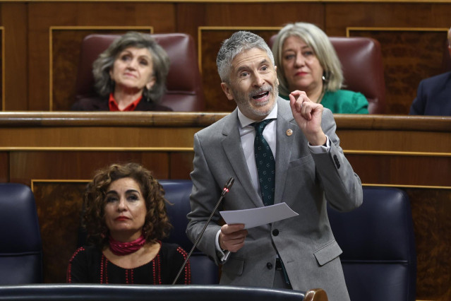 El ministro de Interior, Fernando Grande-Marlaska, interviene durante una sesión plenaria, en el Congreso de los Diputados, a 15 de febrero de 2023, en Madrid (España).