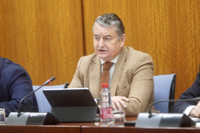 El consejero de la  Presidencia, Interior, Diálogo Social y Simplificación Administrativa, Antonio Sanz, durante su comparecencia en sede parlamentaria en la comisión  de Presidencia, Interior, Diálogo Social y Simplificación Administrativa a 16 de febrer