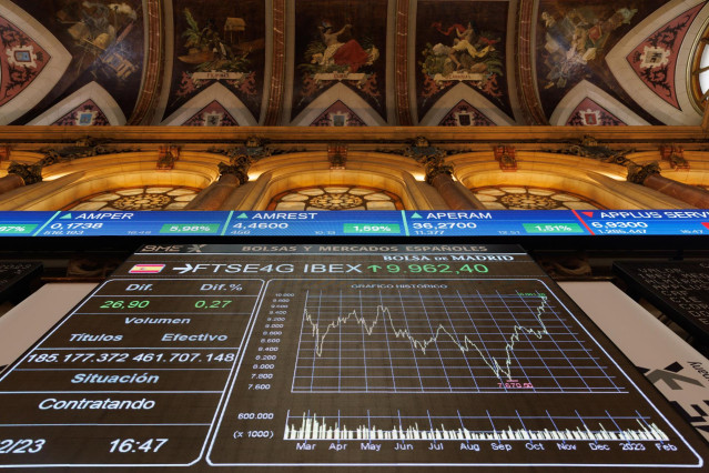 Un panel del Ibex 35 en el Palacio de la Bolsa, a 9 de febrero de 2023, en Madrid (España). El principal indicador de la Bolsa española, el Ibex 35, sube el 0,52% a media sesión, en una jornada marcada por la presentación de resultados empresariales, entr