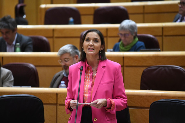 La ministra de Industria, Comercio y Turismo, Reyes Maroto, interviene durante una sesión de control al Gobierno en el Senado, a 21 de febrero de 2023, en Madrid (España).