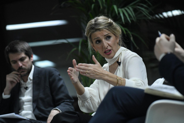 La vicepresidenta segunda del Gobierno y ministra de Trabajo y Economía Social, Yolanda Díaz, durante el debate 'El proyecto de Yolanda Díaz para Europa' en el Círculo de Bellas Artes, a 22 de febrero de 2023, en Madrid (España).