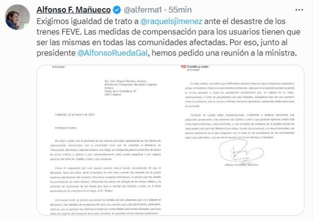Mensaje en el que Alfonso Fernández Mañueco comparte la carta enviada a la Ministra de Transportes, Raquel Sánchez.