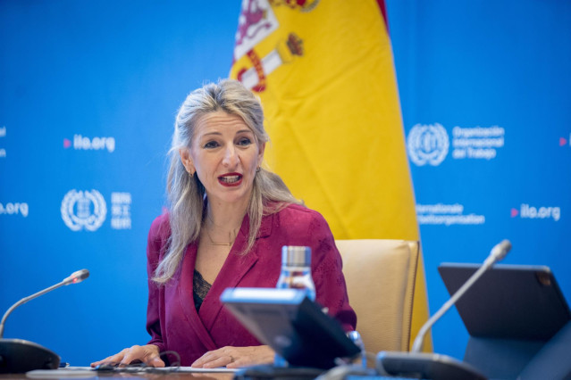 La vicepresidenta segunda y ministra de Trabajo y Economía Social, Yolanda Díaz, en la sede de la Organización Internacional del Trabajo (OIT), en Ginebra, el 28 de febrero de 2023.