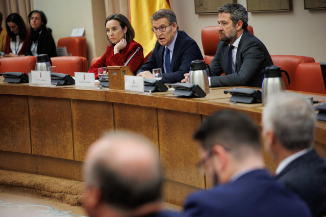 (I-D) La portavoz del PP en el Congreso, Cuca Gamarra; el presidente del Partido Popular, Alberto Núñez Feijóo y el diputado del PP Jaime de Olano, durante las Jornadas en Defensa del Sistema Alimentario Español, en la Sala Constitucional del Congreso de