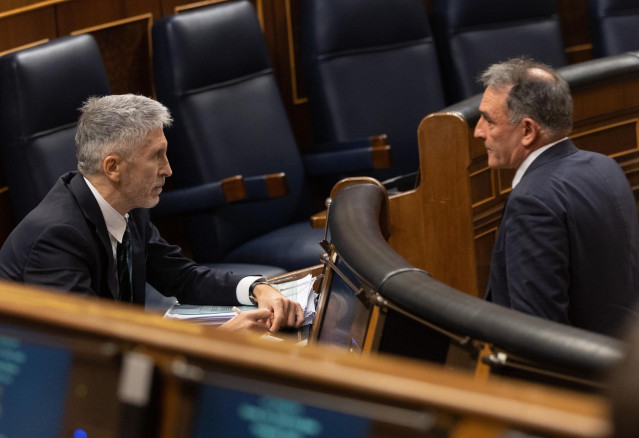 Archivo - El ministro del Interior, Fernando Grande-Marlaska (i), y el diputado de IU Enrique Santiago.