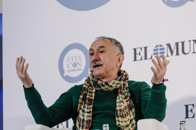 El secretario general de UGT, Pepe Álvarez, interviene durante un desayuno informativo en el Hotel Westin Palace, a 9 de marzo de 2023, en Madrid (España).