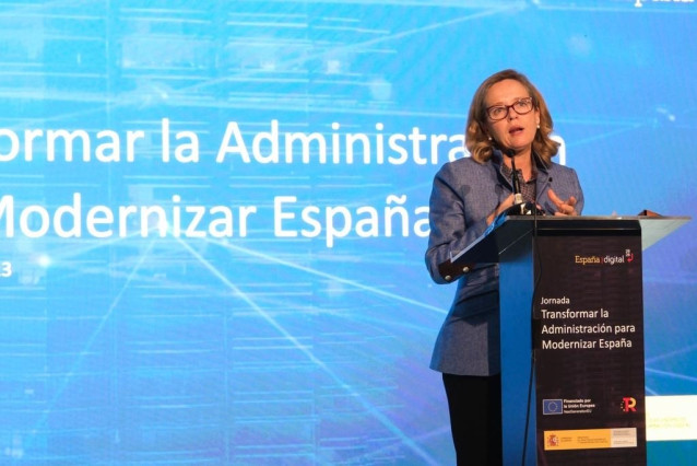 La vicepresidenta primera y ministra de Asuntos Económicos, Nadia Calviño, durante la clausura de la jornada 'Transformar la Administración para Modernizar España'
