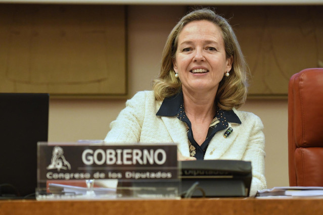 La vicepresidenta primera y ministra de Asuntos Económicos y Transformación Digital, Nadia Calviño, comparece durante una Comisión Mixta para la Unión Europea en el Congreso de los Diputados, a 16 de marzo de 2023, en Madrid (España). Durante la comisión,