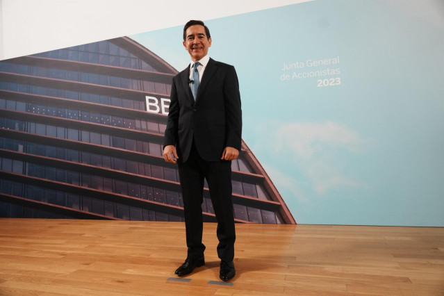 El presidente de BBVA, Carlos Torres Vila, en Bilbao con motivo de la Junta de Accionistas del banco.