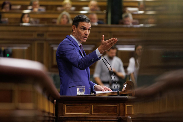 El presidente del Gobierno, Pedro Sánchez, interviene durante un debate de la moción de censura, en el Congreso de los Diputados, a 21 de marzo de 2023, en Madrid (España).