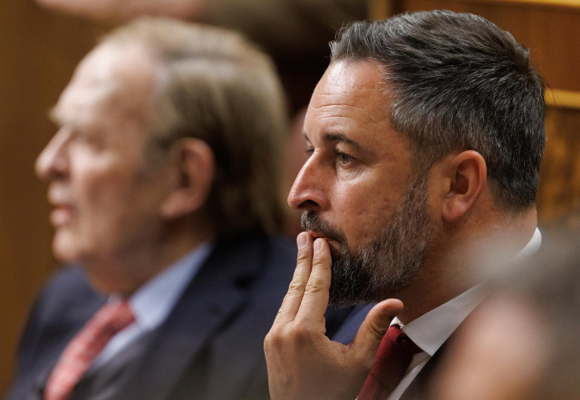 El líder de VOX, Santiago Abascal, durante la segunda sesión de la moción de censura.