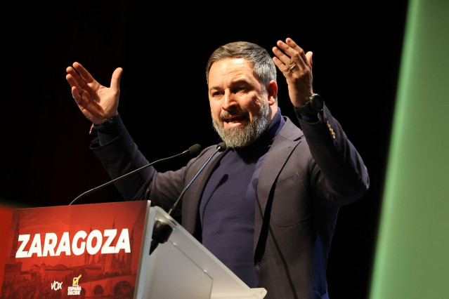 El presidente de Vox, Santiago Abascal, en un acto de 'España Decide' en Zaragoza