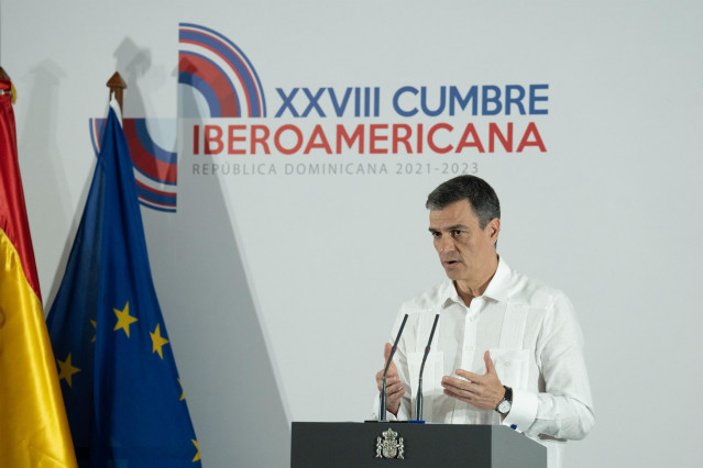 El presidente del Gobierno, Pedro Sánchez, en rueda de prensa al término de la Cumbre Iberoamericana en Santo Domingo