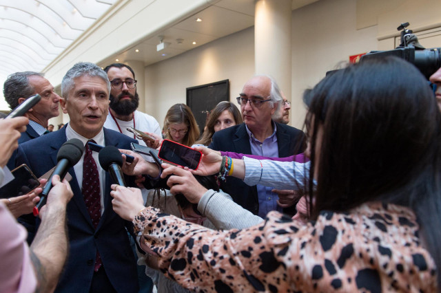 El ministro del Interior, Fernando Grande-Marlaska, atiende a los medios a su llegada a una sesión de control al Gobierno en el Senado
