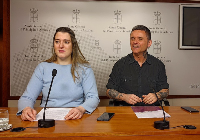 La secretaria de organización de Podemos Asturies, Olaya Suárez, y el coordinador autonómico en funciones, Rafael Palacios, en rueda de prensa.