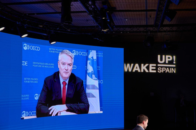 El secretario general de la OCDE, Mathias Cormann, realiza por videoconferencia una intervención sobre el mercado laboral en España, durante la quinta y última jornada de la tercera edición del foro 'Wake Up, Spain!', en Casa de América, a 30 de marzo de