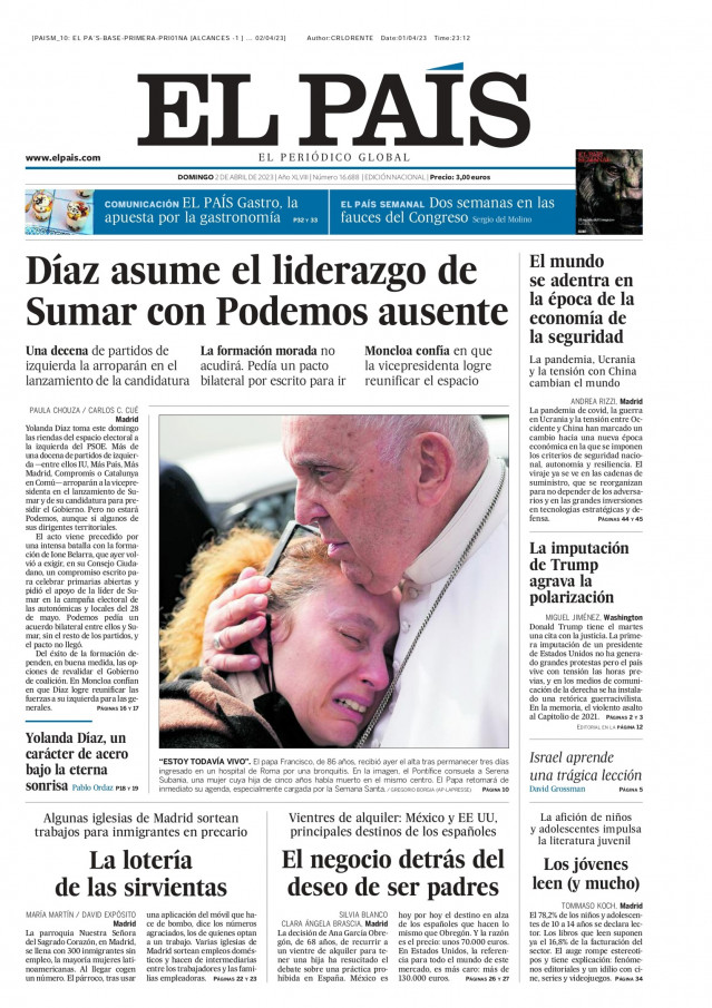 Portada de El País del domingo 2 de abril de 2023