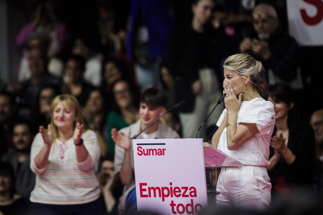 La vicepresidenta segunda y ministra de Trabajo y Economía Social, Yolanda Díaz, interviene en el acto 'Empieza todo' de la plataforma Sumar, en el que Díaz presenta su candidatura para la presidencia del Gobierno