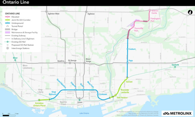 Mapa de la nueva línea de metro Ontario, en Toronto