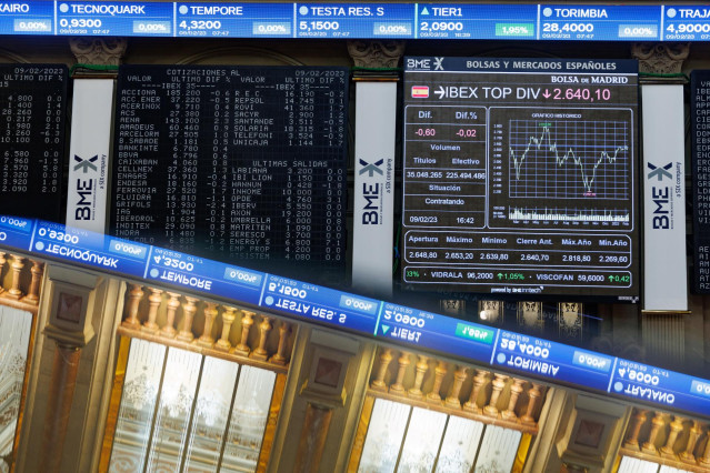 Archivo - Un panel del Ibex 35 en el Palacio de la Bolsa, a 9 de febrero de 2023, en Madrid (España). El principal indicador de la Bolsa española, el Ibex 35, sube el 0,52% a media sesión, en una jornada marcada por la presentación de resultados empresari