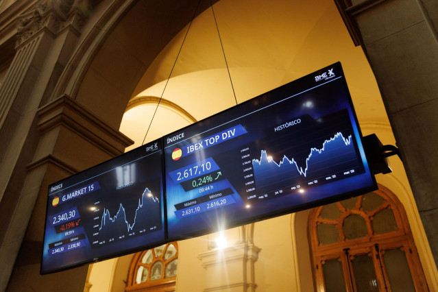 Dos paneles del IBEX 35 en el Palacio de la Bolsa de Madrid, a 11 de abril de 2023, en Madrid (España). El Ibex 35 ha iniciado la sesión de hoy con una subida del 0,51%, hasta los 9.359 puntos, tras el parón de Semana Santa, en una jornada en la que los i