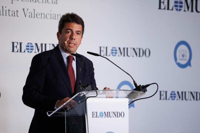 El presidente del PP de la Comunidad Valenciana y candidato de este partido a la Generalitat valenciana, Carlos Mazón, interviene durante un encuentro de 'El Mundo', en el Hotel Westin Palace, a 13 de abril de 2023, en Madrid (España).