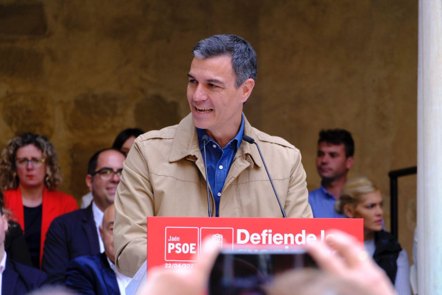 El presidente del Gobierno de España, Pedro Sánchez, interviene durante la clausura el acto público de presentación de candidaturas para el 28 de mayo, a 22 de abril de 2023, en Jaén (Andalucía, España).