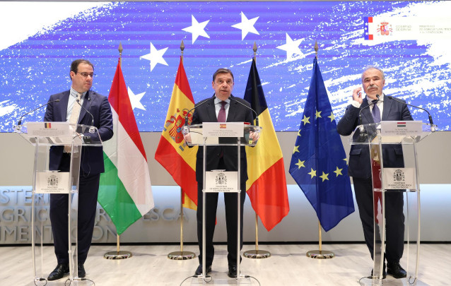 El ministro de Agricultura, Pesca y Alimentación de España, Luis Planas, ofrece una rueda de prensa tras un encuentro con sus homólogos de Hungría y Bélgica, este lunes en Madrid.