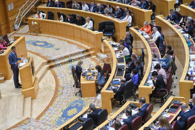 El presidente del Gobierno, Pedro Sánchez, interviene durante un pleno del Senado, a 25 de abril de 2023, en Madrid (España).