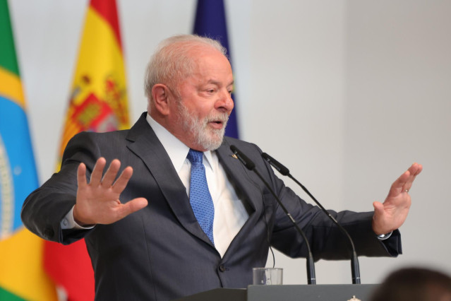 El presidente de la República Federativa de Brasil, Lula da Silva, en una rueda de prensa durante su viaje oficial a España, en el Palacio de La Moncloa, a 26 de abril de 2023, en Madrid (España).