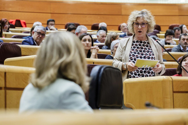 La portavoz de ERC-EH Bildu en el Senado, Mirella Cortès, interviene durante una sesión de control al Gobierno en el Senado, a 18 de abril de 2023, en Madrid (España). Calviño ha abordado hoy, ante la Cámara Alta, el modelo de política económica y de vivi