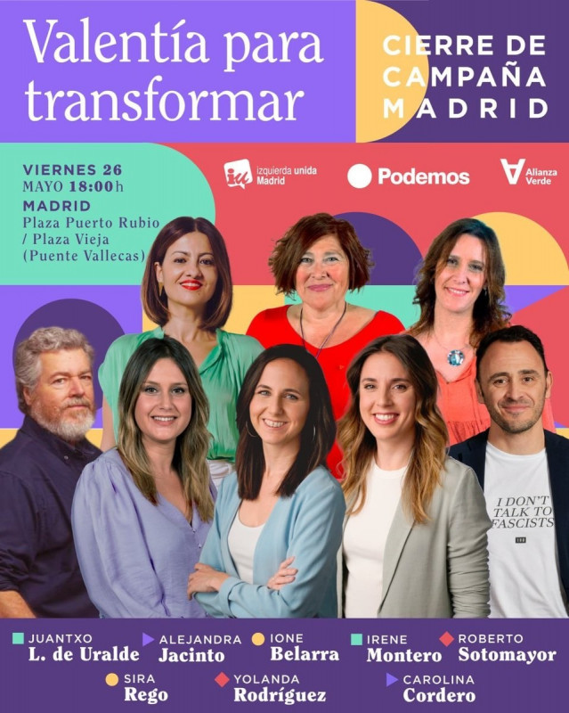 Las ministras Ione Belarra e Irene Montero acompañan mañana a Alejandra Jacinto y Roberto Sotomayor en el cierre de campaña de Podemos en Vallecas