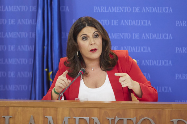 La portavoz del Grupo Parlamentario Socialista, Ángeles Férriz, durante la ronda de ruedas de prensa de portavoces de los grupos parlamentarios con motivo de la reunión de la Mesa y de la Junta de Portavoces en el Parlamento de Andalucía, a 31 de mayo de