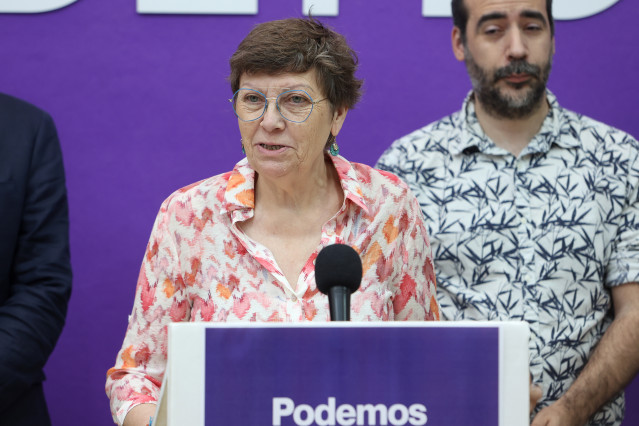 La candidata de Unidas Podemos en Baleares, Antònia Jover, durante una rueda de prensa,