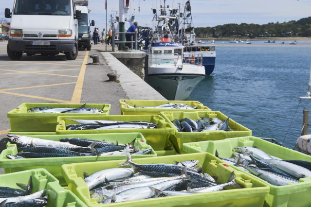 Archivo - Cajas de pescado en las inmediaciones donde est&aacute; amarrado un barco gallego