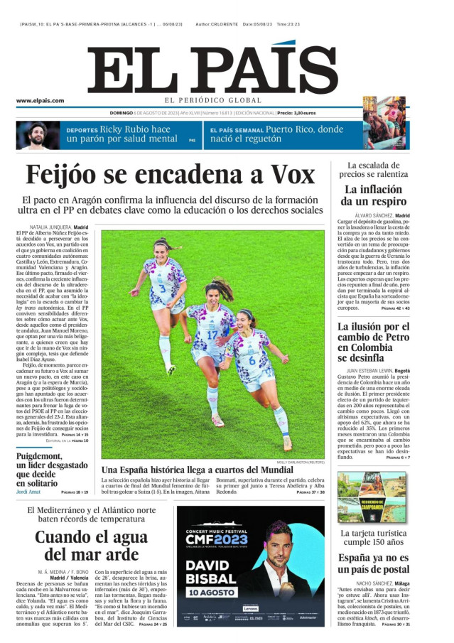 Portada de El Pa&iacute;s del domingo 6 de agosto de 2023.