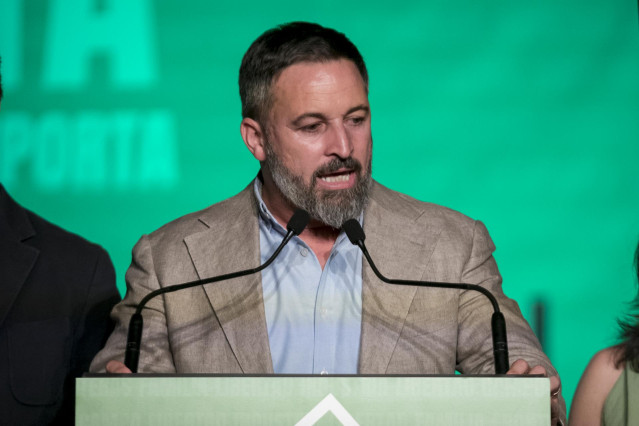 El candidato de Vox a la Presidencia del Gobierno de Espa&ntilde;a, Santiago Abascal, durante el seguimiento de la jornada electoral de los comicios generales en la sede de Vox, a 23 de julio de 2023, en Madrid (Espa&ntilde;a).