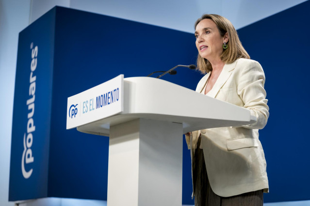 La secretaria general del Partido Popular, Cuca Gamarra, comparece en rueda de prensa tras las reuni&oacute;n del Comit&eacute; de Direcci&oacute;n en la sede del partido en calle G&eacute;nova, a 9 de agosto de 2023, en Madrid (Espa&ntilde;a).