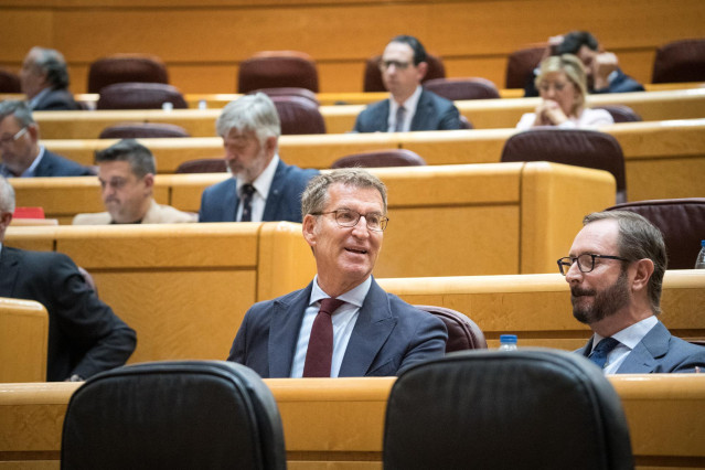 Archivo - El presidente del PP, Alberto N&uacute;&ntilde;ez Feij&oacute;o (i) y el portavoz del Partido Popular en el Senado, Javier Maroto (d), durante una sesi&oacute;n plenaria en el Senado, a 17 de mayo de 2023, en Madrid (Espa&ntilde;a). El proyecto de Ley por el Derecho a la Vivienda