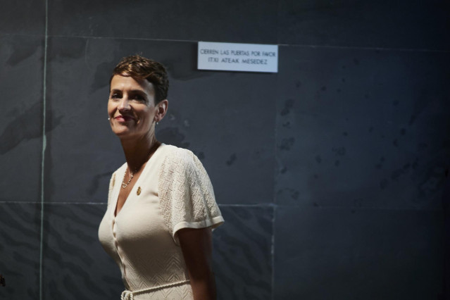 La candidata del PSN a la Presidencia del Gobierno de Navarra, Mar&iacute;a Chivite, llega al debate de investidura en el Parlamento, a 14 de agosto de 2023, en Pamplona, Navarra (Espa&ntilde;a). Hoy comienza el pleno de Investidura de Mar&iacute;a Chivite, que se celebrar&aacute; h