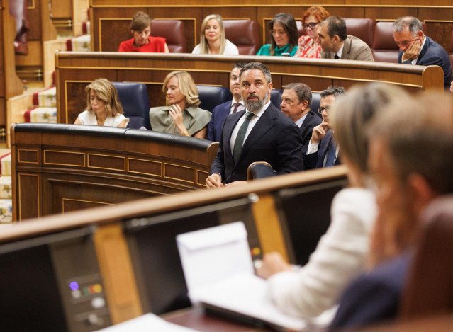 El l&iacute;der de Vox, Santiago Abascal, durante la Sesi&oacute;n Constitutiva de la XV Legislatura en el Congreso de los Diputados, a 17 de agosto de 2023, en Madrid (Espa&ntilde;a).