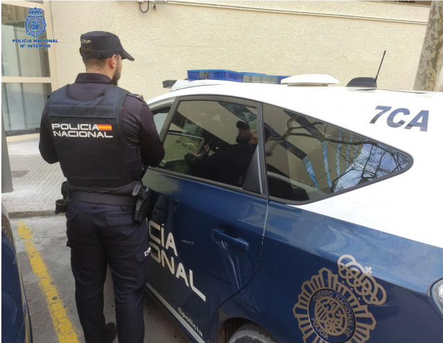 Agente de la Polic&iacute;a Nacional de espaldas, junto a un coche patrulla.