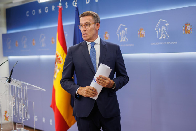 El presidente del PP y candidato a la Presidencia de Espa&ntilde;a, Alberto N&uacute;&ntilde;ez Feij&oacute;o, ofrece una rueda de prensa, en el Congreso de los Diputados, a 22 de agosto de 2023, en Madrid (Espa&ntilde;a).