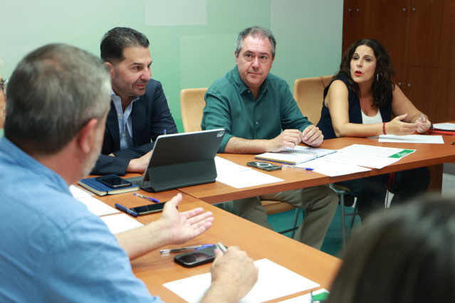 El secretario general del PSOE-A, Juan Espadas, rodeado este lunes por el secretario de Organización, Noel López, y la vicesecretaria general y portavoz en el Parlamento, Ángeles Férriz, durante su reunión con la dirección del grupo parlamentario.