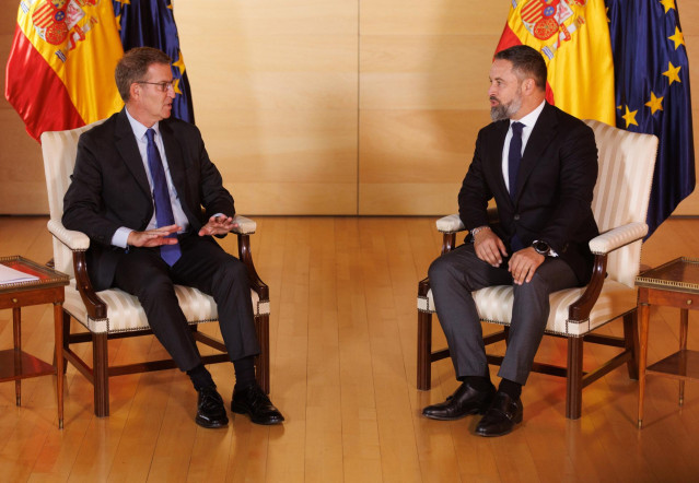 El lider del PP, Alberto Núñez Feijóo (i) y el líder de VOX, Santiago Abascal (d), durante una reunión en el Congreso
