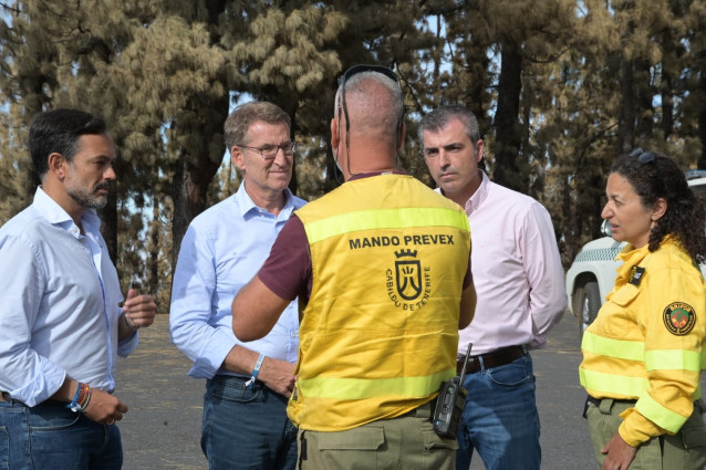 El presidente del PP y candidato a la presidencia del Gobierno, Alberto Núñez Feijóo, y el vicepresidente del Gobierno de Canarias y líder del PP canario, Manuel Domínguez, (en el centro) hablan con responsables del incedio del Cabildo de Tenerife.